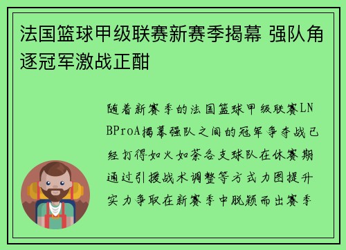 法国篮球甲级联赛新赛季揭幕 强队角逐冠军激战正酣